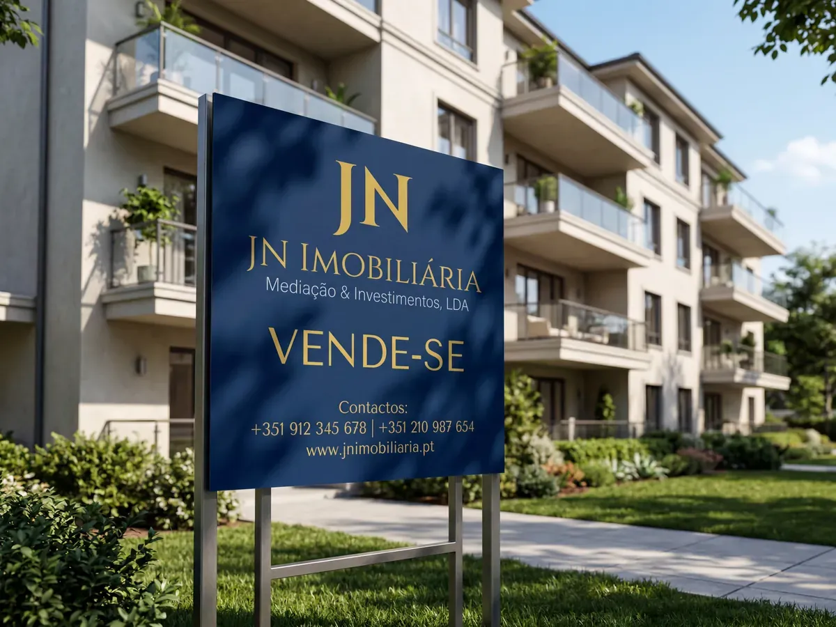Placa de venda com a marca JN Imobiliária em frente a um prédio de apartamentos